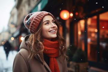 Wall Mural - Portrait of beautiful young happy woman in winter clothes at street Christmas market in Paris. Real people