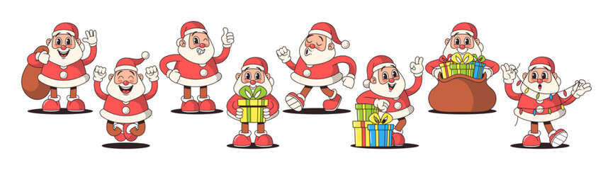 Wall Mural - Retro-style Santa Claus Cartoon Characters In Classic Red Suits, Hats, Gift Bags, Garlands And Rosy Cheeks