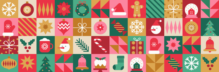 Christmas geometric seamless pattern with holiday icons elements   for wrapping paper, background, wallpaper. Trendy modern contemporary abstract print. Red, green, gold colors.
