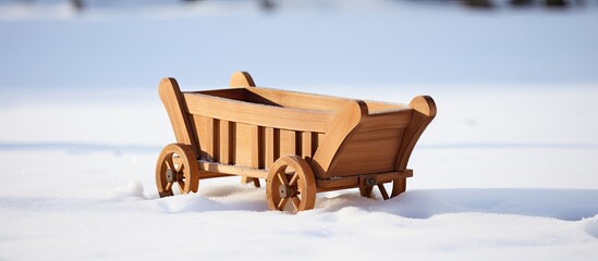  In the snowy landscape there is a solitary wheelbarrow made of wood acting as a carrier