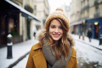 Wall Mural - Portrait of beautiful young happy woman in winter clothes at street Christmas market in Paris. Real people