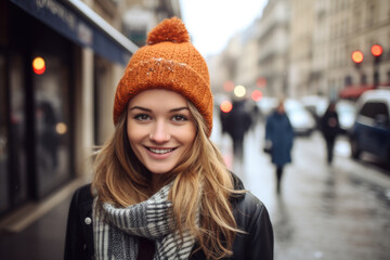 Wall Mural - Portrait of beautiful young happy woman in winter clothes at street Christmas market in Paris. Real people