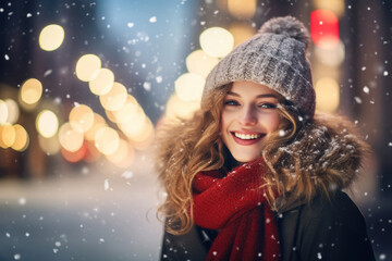 Wall Mural - Portrait of  beautiful young happy  woman in winter clothes at street Christmas market in Paris. Real people