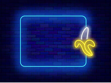 Fruit Shop Neon Poster. Banana Icon And Blue Frame. Pop Art Design. Vegetarian Food Banner. Vector Illustration