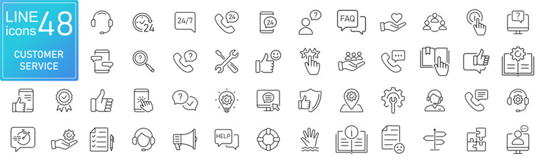Fototapete - Customer Service and Support - Outline Icon set. Thin Line Set contains such Icons as Online Help, assistance, experience, feedback, operator and technical support, Helpdesk, Quick Response, Feedback.