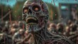 Close up of a zombie with rotting flesh with blood splatters in the background. Ai-generated