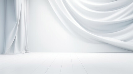 Interior of a empty white room with abstract curtain decorated wall. Copy space. Generative AI