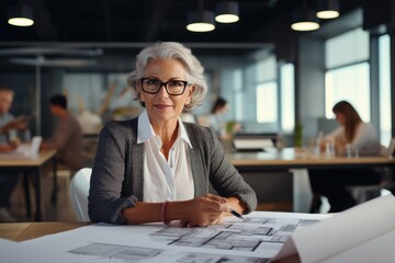 Aufkleber - Senior architect reviewing blueprints in a busy office, showcasing expertise and leadership