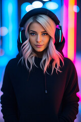 Wall Mural - Woman with headphones on and black hoodie.