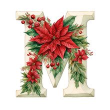 Alphabet Letter M With Christmas Poinsettia Embroidered Theme. Isolated Transparent Background