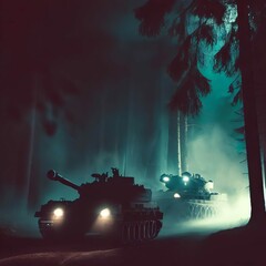 Wall Mural - AI generated illustration of military tanks traversing a wooded area at night