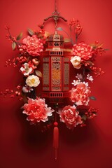 Poster - A vibrant red lantern adorned with beautiful flowers and a tassel hanging from it. This picture can be used to add a pop of color and elegance to various projects and designs.