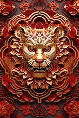 Poster - A vibrant red and gold paper cutout of a dragon. Perfect for adding a touch of Eastern culture and symbolism to your designs.