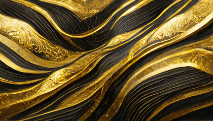 Abstract gold black acrylic painted fluted 3d painting texture luxury background banner on canvas - Golden waves swirls