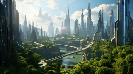 futuristic eco green city skyline with skyscrapers and gardens, future architecture