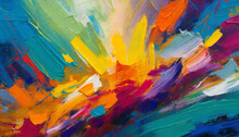 Closeup Of Abstract Rough Colorful Bold Rainbow Colors Explosion Painting Texture, With Oil Brushstroke, Pallet Knife Paint On Canvas