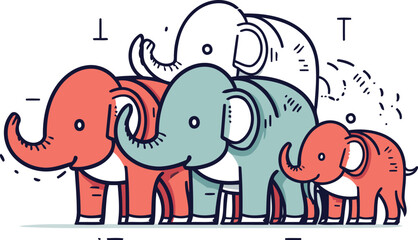 Elephants family. Vector illustration in flat line style. Colorful outline design.