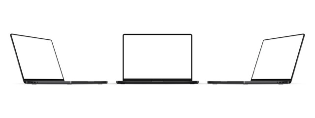 Fototapete - Modern Black Laptop Mockup, Front And Side View, Blank Screens, Isolated On White Background. Vector Illustration