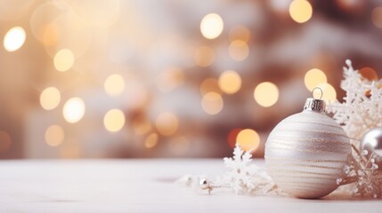 Canvas Print - Christmas decorations on a wooden table with white lights, AI