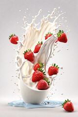 Wall Mural - Milk splash with fresh strawberries isolated on white background. 3d illustration