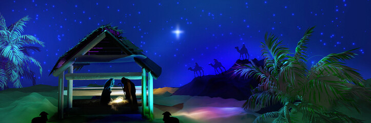 Wall Mural - Nativity Scene in Bethlehem with Baby Jesus in manger, Virgin Mary, Joseph and Three Wise Men. Birth of Jesus Christ, Christian religion background. 3D render illustration.