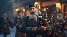Musicians In Scottish Clothing Perform Christmas Carols On Bagpipes In The Square