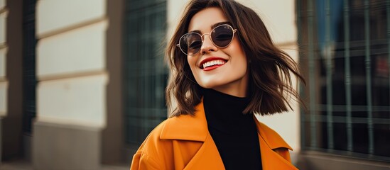 Canvas Print - A fashionable and optimistic young woman dressed in a stylish black coat and trendy sunglasses stands and smiles next to a white wall outside in the city This amusing and cheerful girl is d