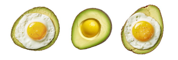 Wall Mural - Avocado and egg set isolated. PNG  Egg inside avocado. Keto.  Top view.