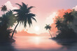 Sonnenuntergang auf einer Insel am Strand . Palmen im Hintergrund . KI Generated. 