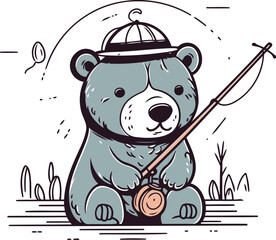 Cute cartoon bear with fishing rod. Vector illustration for your design