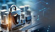 secure connection or cybersecurity service concept of compute motherboard closeup and lock with login and connecting verified credentials as wide banner design with copyspace