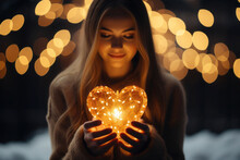 Woman Hold Glowing Heart In Hands Against Blurred Background With Bokeh Lights. Love And Romantic Emotion Concept.
