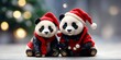 Two Panda bears dressed in Christmas hats and sweaters are hugging on a Christmas background. Holiday Concept. Digital painting illustration. Generative AI