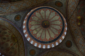 Wall Mural - Interior of the Sultan Ahmed Mosque (Blue Mosque). Details from inside the historical Sultanahmet Mosque in Istanbul. Turkish Islamic art, history and tourist attractions of Istanbul. Ramadan.