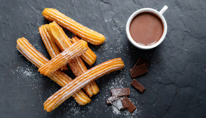 Wall Mural - Churros with a cup of hot chocolate on black background. top view. Churro sticks closeup.
