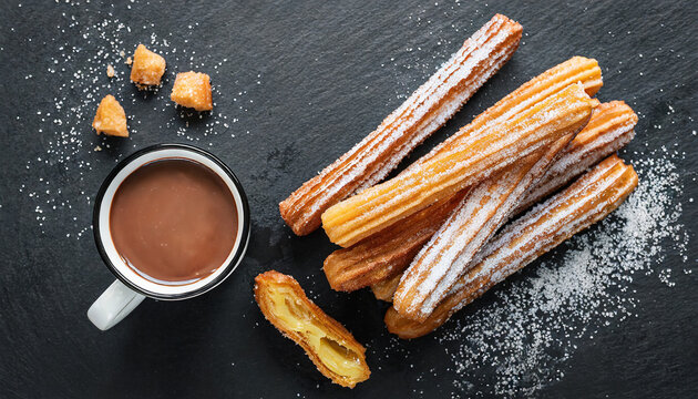 Churros with a cup of hot chocolate on black background. top view. Churro sticks closeup.