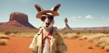 Kangaroo Tourist In The Desert. Concept For Australia Day