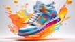 A high-energy image of a colorful women's sneaker suspended in air, its unique design and vibrant hues accentuated against a clean, white setting. This shoe is a fusion of style and sport.