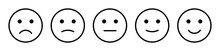 Feedback Emoticons Emojis. Smiley Icon Set , Happy, Neutral, Sad, Emoji, Icon - Customer Satisfaction Rating Scale With Good And Bad Emotions. Vector Illustration