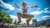 person jumping cheering with a skateboard in the air in front of a blue sky at a sunny day with a crowd ob people in the background