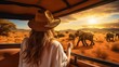 Safari Adventure: Woman and Tourist Vehicle Observing Elephants in the Savanna. Generative ai
