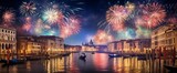 Fototapeta Miasta - Colourful Fireworks in Venice and Reflection in Water. Festive fireworks over the Canal Grande in Venice