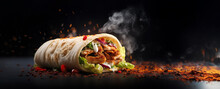 Fresh Grilled Beef Turkish Or Chicken Arabic Shawarma Doner Sandwich With Flying Ingredients And Spices Hot Ready To Serve And Eat Food Commercial Advertisement Menu Banner With Copy Space Area