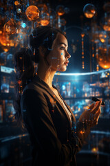 digital technology internet network connection, a studying girl, futuristic graphical user interface
