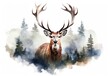 A large deer in a spruce forest. Wild animal in natural habitat. Nature background. Digital art in watercolor style. Illustration for cover, card, postcard, interior design, decor or print.