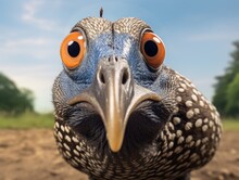A Close-up Of The Face Of A Guinea Fowl Looking At The Camera. A Bird In A Natural Environment. Natural Background. Illustration For Cover, Postcard, Interior Design, Banner, Brochure, Etc.