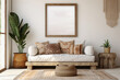 Large empty frame for wall art mockup. Modern boho room with minimalist couch, beige rug and neutral decor.