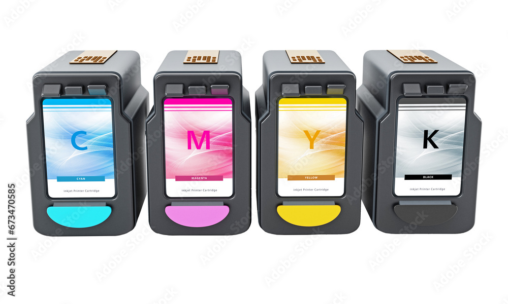 Generic inkjet printer CMYK cartridges isolated on white background. 3D ...