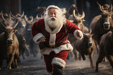 Scared Santa Claus Running From The Reindeer's.  AI Generative Art