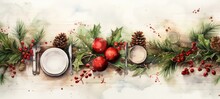 Christmas Table With Christmas Flowers Watercolor Top View Illustration. Horizontal Format For Banners, Posters, Advertising, Gift Cards. AI Generated.